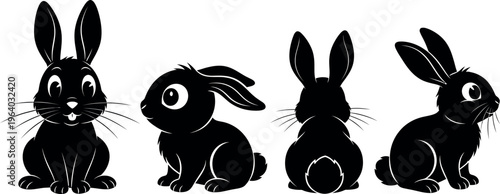 Easter day celebration with four adorable easter rabbits and eggs concept