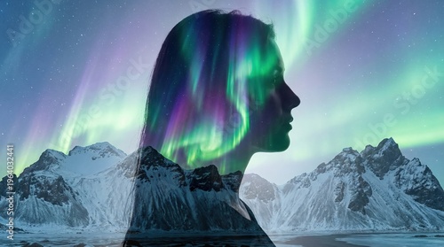 Woman's silhouette with northern lights above snowy mountains  double exposure