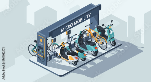 Electric scooters on charging station.