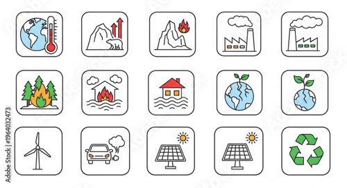 Climate Change and Environmental Issues Icon Set.