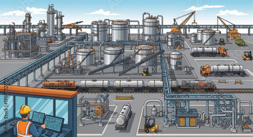 Detailed Illustration of a Large Industrial Oil Refinery Complex.