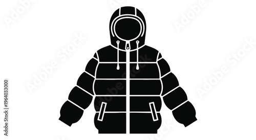 Vector illustration of puffer jacket icon, winter coat with hood, vector illustration