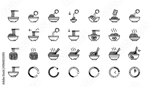 Cooking and Kitchen Timer Icon Set Featuring Pots, Pans, Food Preparation Steps, and Countdown Clocks for Culinary Process and Recipe Design