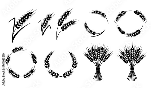  Wheat and Grain Decorative Icon Set Featuring Wheat Ears, Laurel Wreaths, and Harvest Bundles for Agriculture, Organic Farming, and Rustic Design