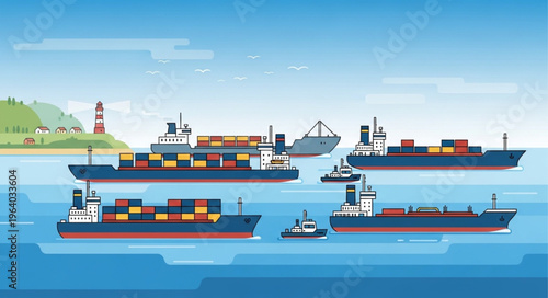 Cargo Ships and Tugboats in a Busy Harbor Illustration.