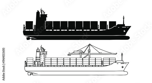 Vector illustration of container ship silhouette and outline icon set