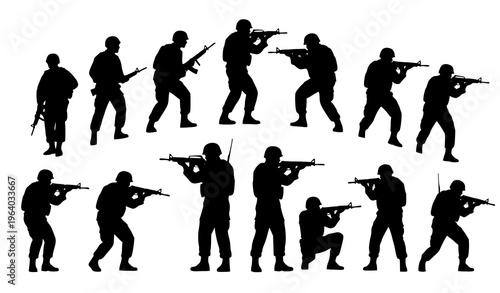 Soldier silhouette collection with rifle poses vector illustration isolated on white background military concept design