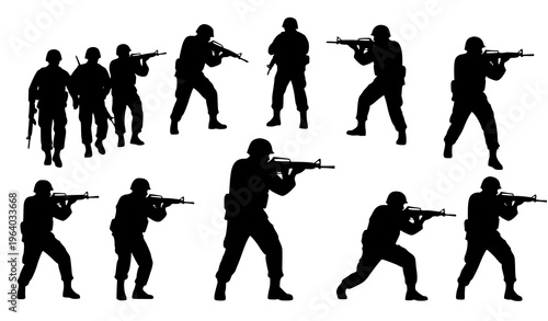 Soldier silhouette collection with rifle poses vector illustration isolated on white background military concept design