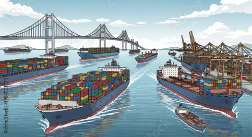 Cargo Ships Navigating a Busy Port Under a Suspension Bridge.