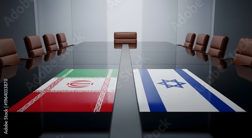 Diplomatic conference table with Iran and Israel flags, international summit for peace negotiations, political conflict resolution in boardroom