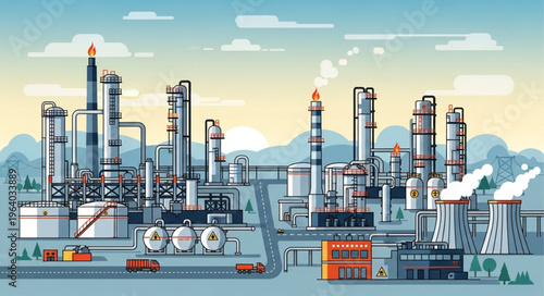 Industrial Complex Illustration - Detailed Petrochemical Plant with Towers and Infrastructure.