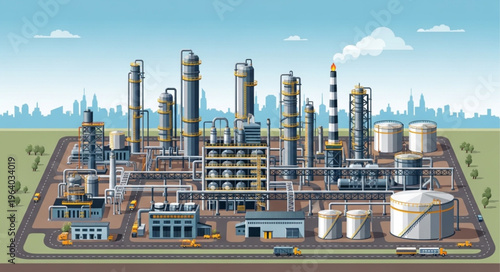 Detailed Illustration of an Industrial Oil Refinery Complex.