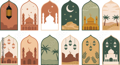 Collection of Islamic arch windows with desert and mosque scenes