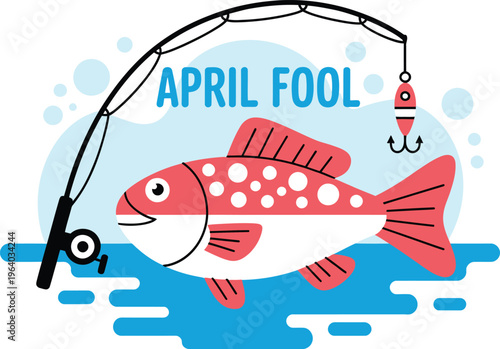 Cartoon fish on a fishing line for April Fool's Day with bobber and hook