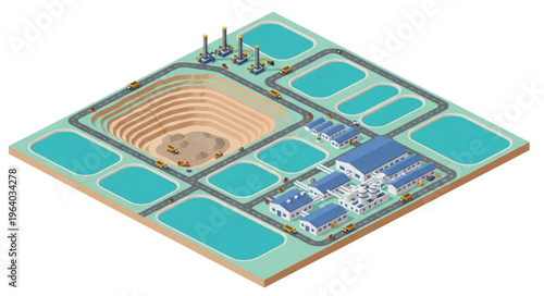 Isometric View of Mining Operation with Tailings Ponds and Processing Plant.