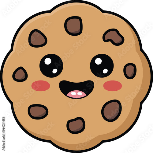 A cartoon chocolate chip cookie with a smiling face and rosy cheeks is shown