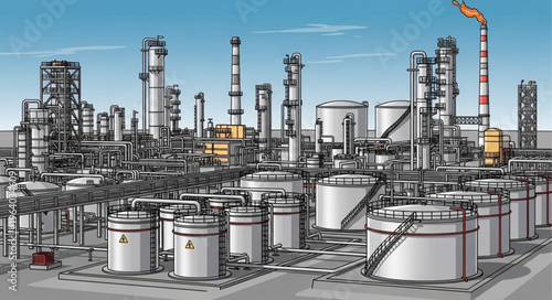 Detailed Illustration of an Industrial Oil Refinery Complex.
