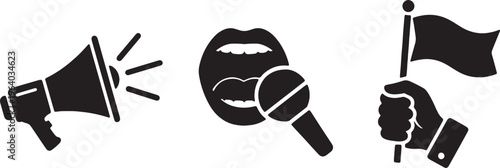 Protest, activism icons, megaphone, microphone, flag, black isolated on Transparent Background