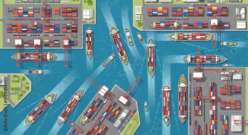 Aerial View of a Busy Container Port with Cargo Ships.