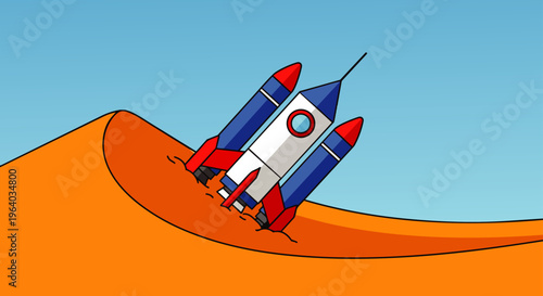 a rocket crash-landed sideways in a desert dune illustrating a spacecraft accident or launch failure concept for technology challenges