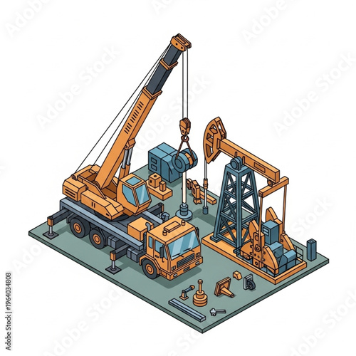Isometric Oil Field Construction Scene with Crane and Pumpjack.