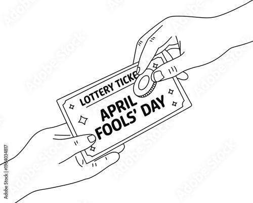 Hands exchanging April Fools Day lottery ticket and coin Keywords: april fools day, lottery