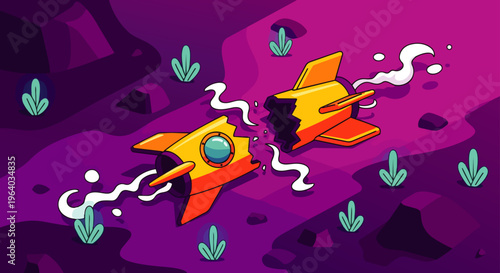 broken rocket and spaceship crash on a vibrant purple alien planet illustrating system failure technology malfunction or critical error.