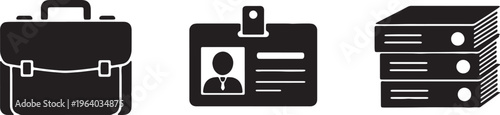 Business icons, office symbols, briefcase, id card, computer server, corporate graphics isolated on Transparent Background