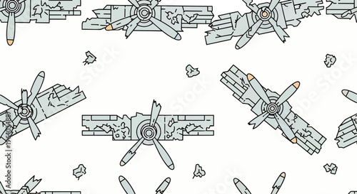 crashed airplane broken propeller wreckage aviation accident seamless pattern debris scattered on a clean white background.