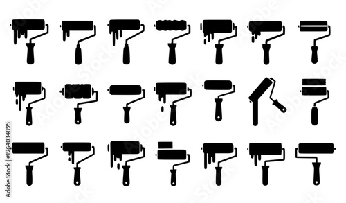 Set of Paint Roller Icons with Various Styles and Dripping Paint Effects in Minimal Black Design for Wall Painting, Home Renovation, and Construction Projects