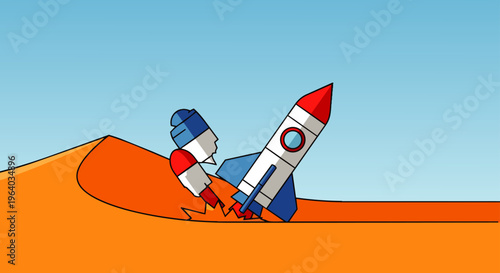 cartoon french rocket crash into an orange desert sand dune next to a standing rocket symbolizing national challenges and future aspirations.