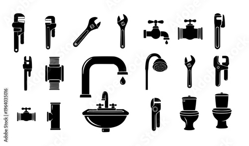 Collection of Plumbing Icons with Pipe Wrenches, Faucets, Sink, Toilet, and Bathroom Fixtures in Minimal Black Style for Repair Services and Home Improvement Design