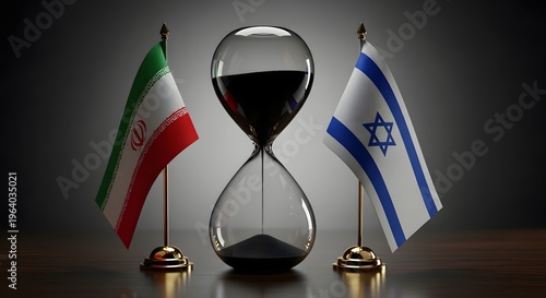 Geopolitical tension hourglass, national flags on desk, concept of diplomatic time running out