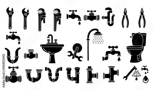 Set of Plumbing Tools and Bathroom Fixtures Icons Including Wrenches, Faucets, Pipes, Shower, Toilet, and Repair Equipment in Minimal Black Style for Home Improvement Design