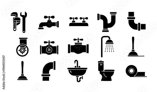 Collection of Plumbing and Bathroom Icons with Faucets, Pipes, Shower Heads, Toilet, Sink, and Drain Equipment in Minimal Black Style for Home Repair Design