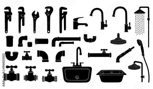 Set of Plumbing Fixtures Icons Including Faucets, Shower Heads, Sinks, Pipes, and Bathroom Equipment in Minimal Black Style for Home Improvement and Repair Design