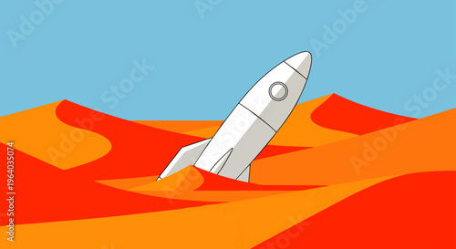 white rocket crash-landed in a vibrant orange and red desert landscape under a blue sky perfect for themes of space exploration.