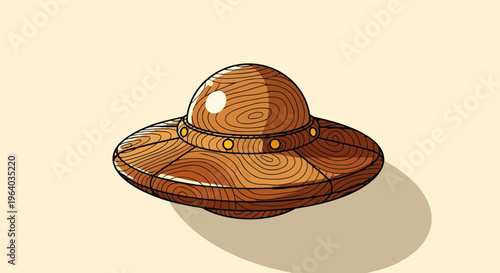 ufo flying saucer wooden alien spaceship illustration a retro handcrafted object depicting extraterrestrial travel or creative design concept.