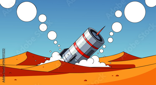 rocket crash lands in a vast desert landscape with thought bubbles illustrating a failed mission or conceptual setback.