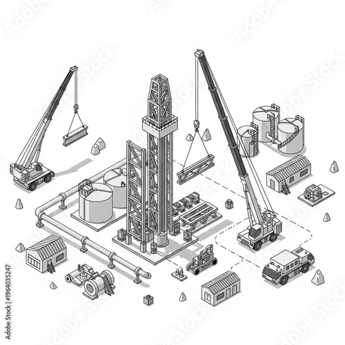 Isometric Oil Refinery Construction with Cranes and Industrial Equipment.