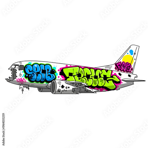graffiti airplane wreck street art vector illustration showcasing vibrant urban spray paint on a derelict passenger plane fuselage
