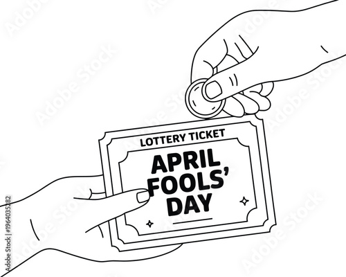 Line art illustration of hands exchanging a lottery ticket for April Fools Day
