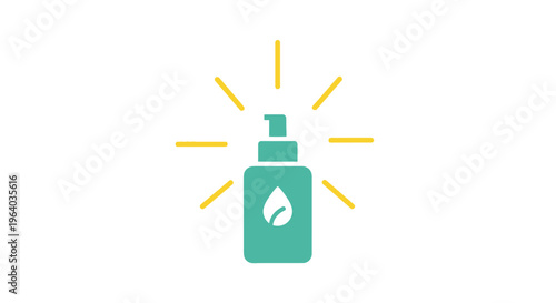 A green hand sanitizer bottle icon with sunburst.