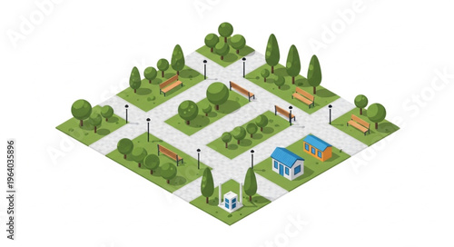 Isometric Park Layout With Trees Benches Pathways.