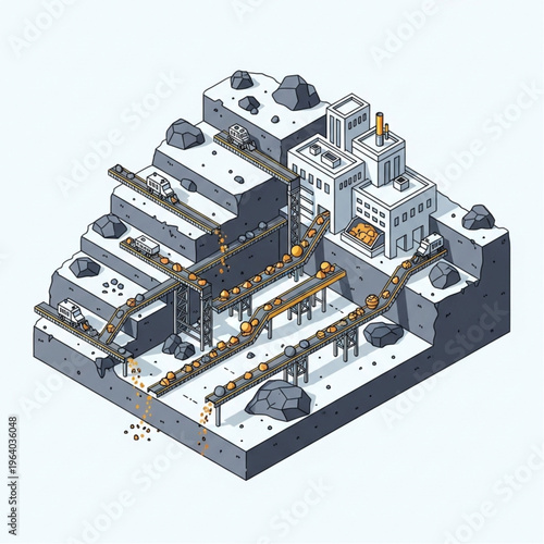Isometric Pixel Art Cityscape on Terraced Mountain with Conveyor Belts.