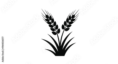 Vector illustration of wheat ears icon, black silhouette of cereal stalks with leaves
