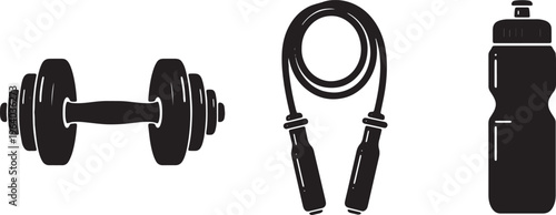 Fitness icons, gym equipment, dumbbell, jump rope, water bottle, workout symbols isolated on Transparent Background
