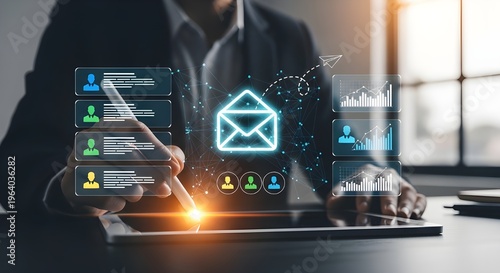 Digital email marketing communication strategy with entrepreneur working on laptop analyzing campaign analytics dashboard targeting audience and sending automated messages for business development