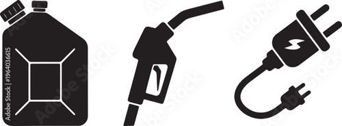 Fuel icons, electric charging, gas pump, eco-friendly energy isolated on Transparent Background