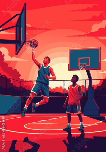 Dynamic Basketball Action A Vibrant Vector Illustration Capturing Two Athletes Playing on an Outdoor Court During Sunset